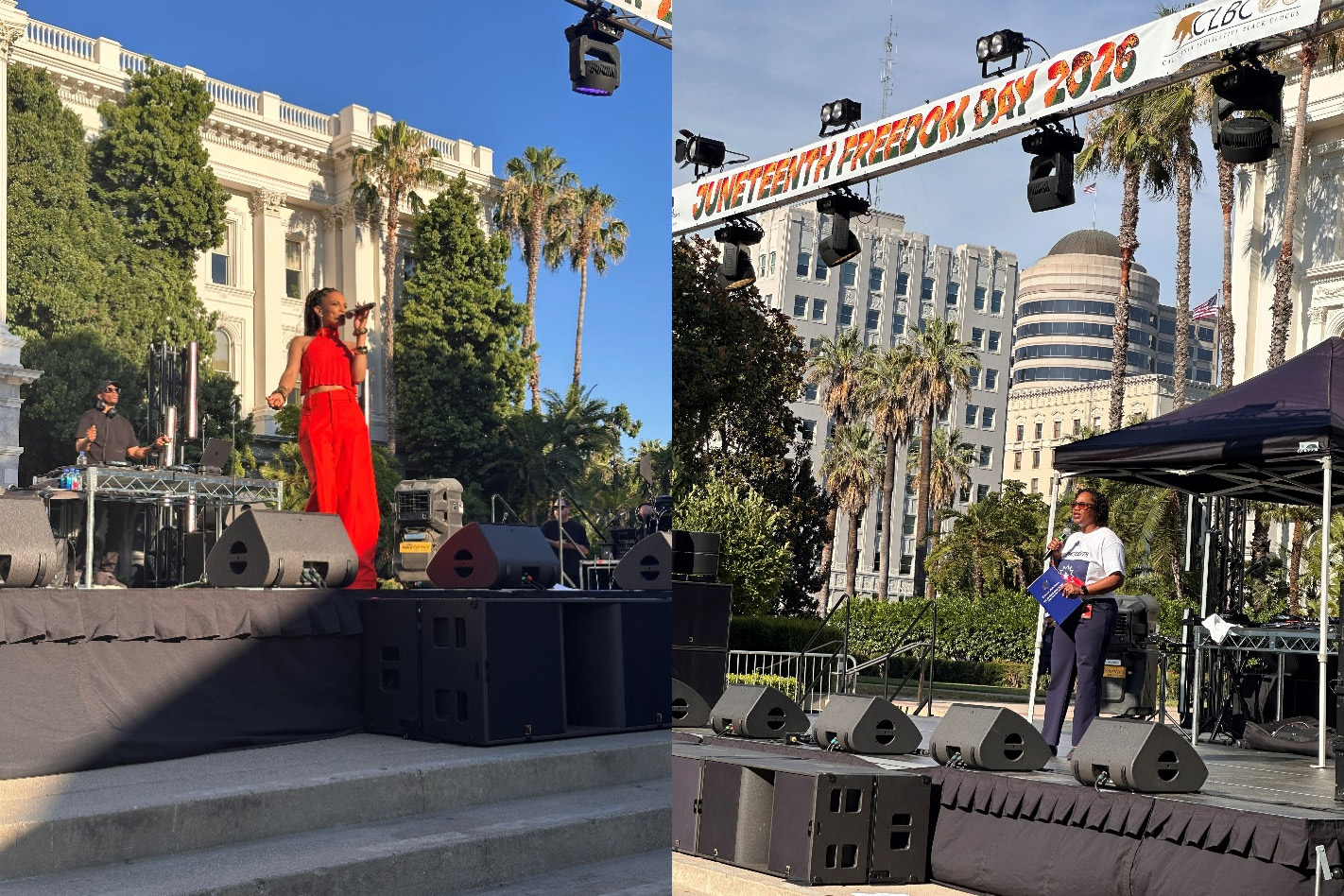 On left, special guest artist Goapele; On right, a speaker on stage
