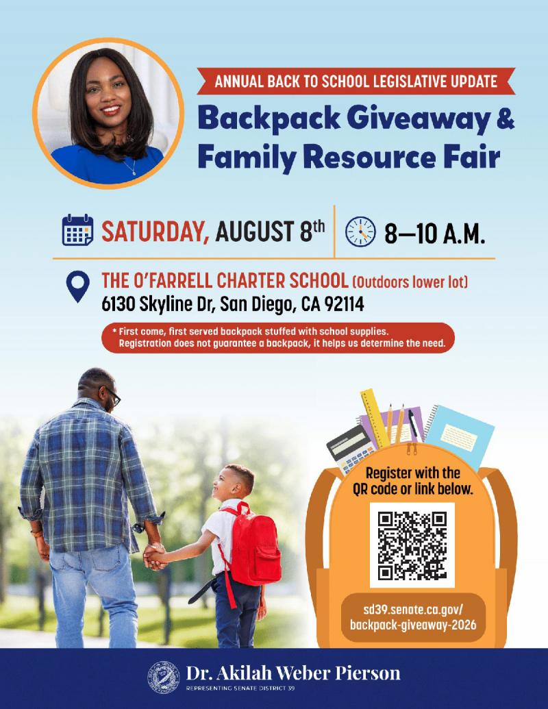 Backpack Giveaway &amp; Family Resource Fair - Saturday, August 8th 8–10 A.M.  The O'Farrell Charter School (Outdoors Lower Lot) 6130 Skyline Dr, San Diego, CA 92114