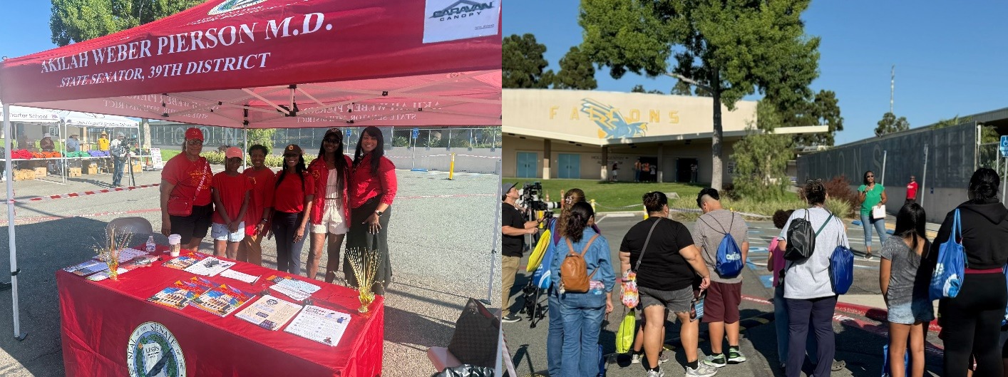 Staff stand under a red canopy welcoming people to the Backpack Giveaway event