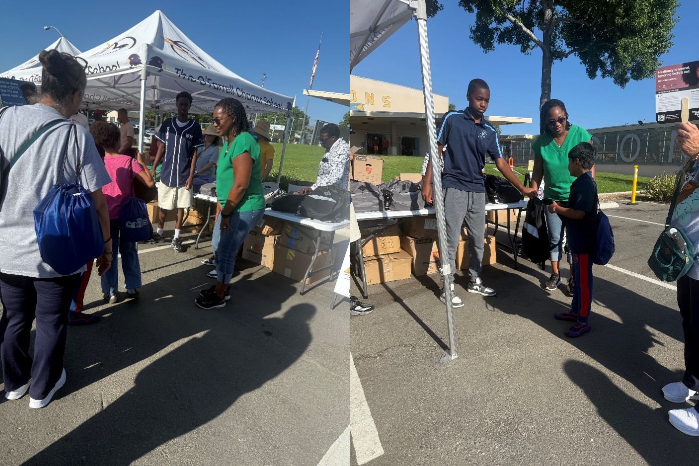 Senator Weber Pierson, wearing a green shirt, speaks with families as they wait in line for backpacks and school supplies. 