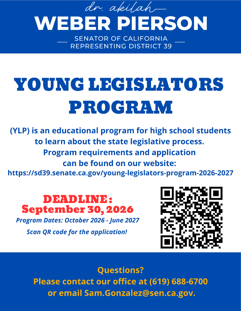 A blue and white flyer calls attention to the Senator's upcoming Young Legislators Program, which is accepting applications. 