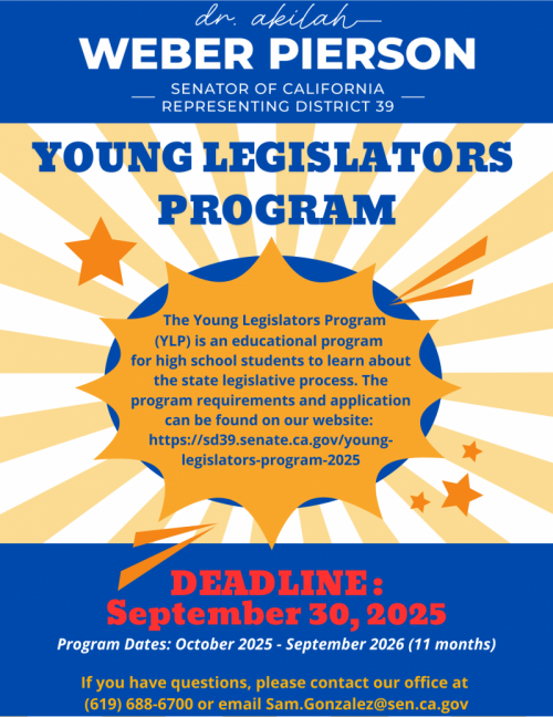 Senator logo across the top with text about young legislators program information
