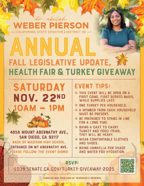 Photo of Senator Weber Pierson at top right corner.  Annual Turkey Giveaway and health fair. 