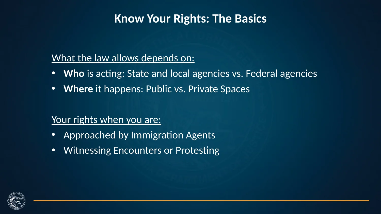 Know Your Rights: The Basics — Presentation slide outlining legal rights during immigration enforcement encounters, witnessing enforcement actions, and interactions with federal, state, and local authorities.