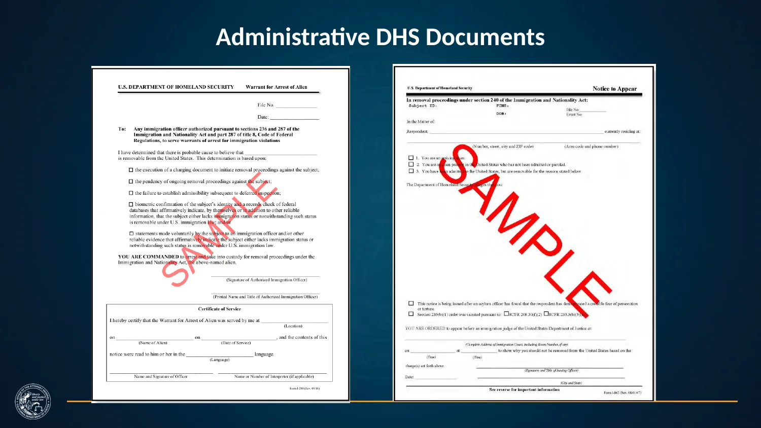 Administrative DHS Documents — Presentation slide showing examples of administrative documents issued by the U.S. Department of Homeland Security.